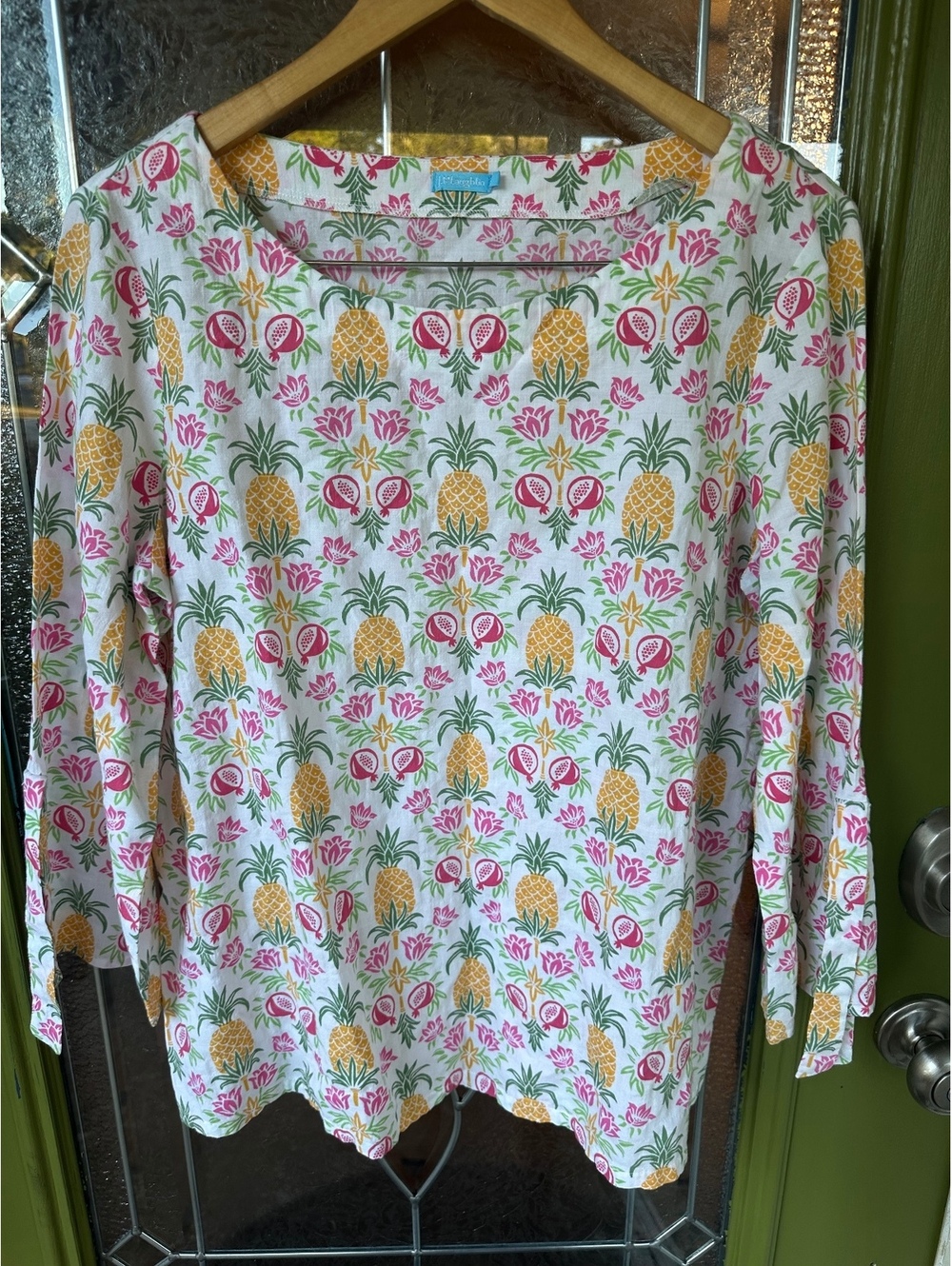 J.McLaughlin Women's 3/4 Sleeve Cotton boat neck Pineapple Floral blouse